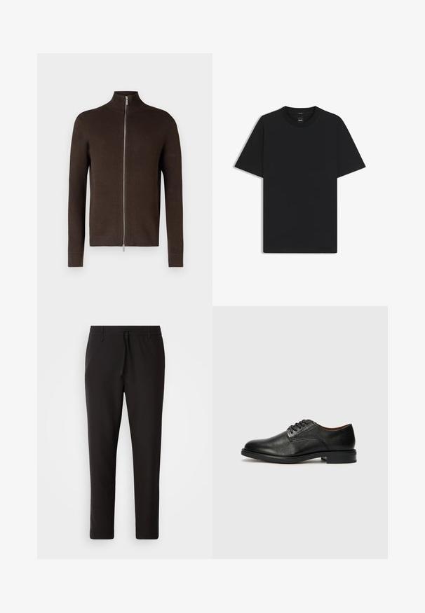 Sudadera marrón con cremallera y cuello alto, hecha de tela de punto texturizada. Presenta mangas largas y puños y dobladillo acanalados.; Camiseta negra de manga corta fabricada con una suave mezcla de algodón, que presenta un cuello redondo y un diseño minimalista sin patrones ni acentos.; Pantalones de chándal negros de tejido suave. Cuentan con una cintura elástica con cordón, piernas ajustadas y sin bolsillos visibles. Diseño sencillo.; Tommy Hilfiger VOGUE LTH - Zapatos de vestir con cordones - black