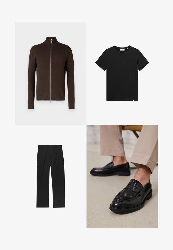 Maglione zip-up marrone con colletto alto, realizzato in un tessuto a maglia testurizzato. Presenta maniche lunghe e polsini e orlo a costine.; T-shirt nera a maniche corte in cotone, con scollatura rotonda e un piccolo logo ricamato sul petto. Tessuto liscio, vestibilità standard.; Pantaloni neri con un design a gamba dritta, realizzati in un tessuto liscio. Presentano pieghe frontali e una chiusura a un bottone in vita.; Mocassini in pelle nera con finitura liscia, dotati di una cintura decorativa e cuciture a contrasto, abbinati a pantaloni beige.