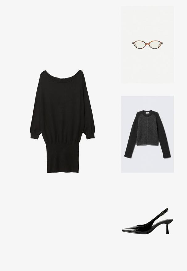 Tmavě šedý krátký cardigan vyrobený z měkké, texturované tkaniny, s kulatým výstřihem, dlouhými rukávy a zapínáním na knoflíky v přední části.; Černý oversize svetr s širokým lodičkovým výstřihem, dlouhými rukávy, žebrovanými manžetami a přiléhajícím spodním lemem, vyrobený z měkké, strukturované tkaniny.; Černé lakované kožené lodičky na podpatku s špičatou špičkou, výřezy na stranách, nastavitelným páskem kolem kotníku a tenkým, elegantním podpatkem.; Želvovinové brýle s oválnými čočkami a hladkým, jemným povrchem. Má tenké bočnice s jemným zakřivením v chrámcích. Čiré čočky.; Červená kožená taška přes rameno s zakřiveným designem, hladkým povrchem a zipovým uzávěrem. Obsahuje tenkou rukojeť pro nošení.