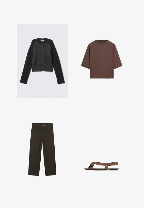 Donkergrijs, cropped cardigan gemaakt van zacht, gestructureerd stof, met een ronde halslijn, lange mouwen en knoopsluiting aan de voorkant.; Bruine cropped t-shirt met een ronde halslijn, korte mouwen en een zachte textuur. Ontworpen met een losse pasvorm en minimale details.; Donkergroene wijde jeans van een katoenmix, met een sluiting met een voorste knop, vijf zakken en klassieke denimstiksels.; Bruine leren sandaal met een open teen en zijuitsparingen. Voorzien van een enkelband met een metalen gesp en een platte zool.