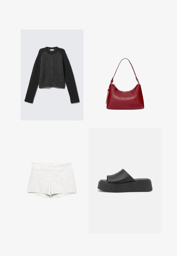 Czarnoszary krótki kardigan z miękkiej, teksturowanej tkaniny, z okrągłym dekoltem, długimi rękawami i zapięciem na guziki z przodu.; Jasnoszary top na szyję wykonany z miękkiego materiału, z okrągłym dekoltem i wiązaniem z tyłu, z subtelną strukturą.; Jasnoszare elastyczne szorty z szerokim pasem, gładką fakturą i prostym wzornictwem. Zakończone obszytymi brzegami, bez widocznych wzorów czy akcentów.; Czarne sandały na platformie z gładkiego materiału syntetycznego, z otwartym przodem i zaokrąglonym czubkiem. Grube, wyściełane podeszwy.; Czerwona skórzana torebka na ramię o zakrzywionym kształcie, gładkiej fakturze i zamek błyskawiczny. Posiada cienką rączkę do noszenia.