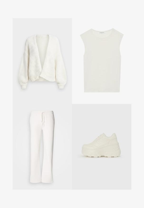 Baltas ribotas megztinis su atvira priekiu, nusvirusiomis pečių linijomis ir ilgomis balioninėmis rankovėmis su aptemptomis rankogaliais.; Balta be rankovių palaidinė su apvaliu kaklu. Pagaminta iš lygios medžiagos, ji turi laisvą siluetą ir minimalistinį dizainą. Be raštų ar akcentų.; Baltos, laisvo kirpimo sportinės kelnės, pagamintos iš minkštos medžiagos, su elastinga juosmens dalimi ir raišteliu, tiesių kojų kirpimu.; Baltos platformos sportbačiai su lygiu odos primenančiu paviršiumi, apvalia forma, paminkštintu apykakle ir tekstūruotu guminiu padu su ryškiais protektoriais.