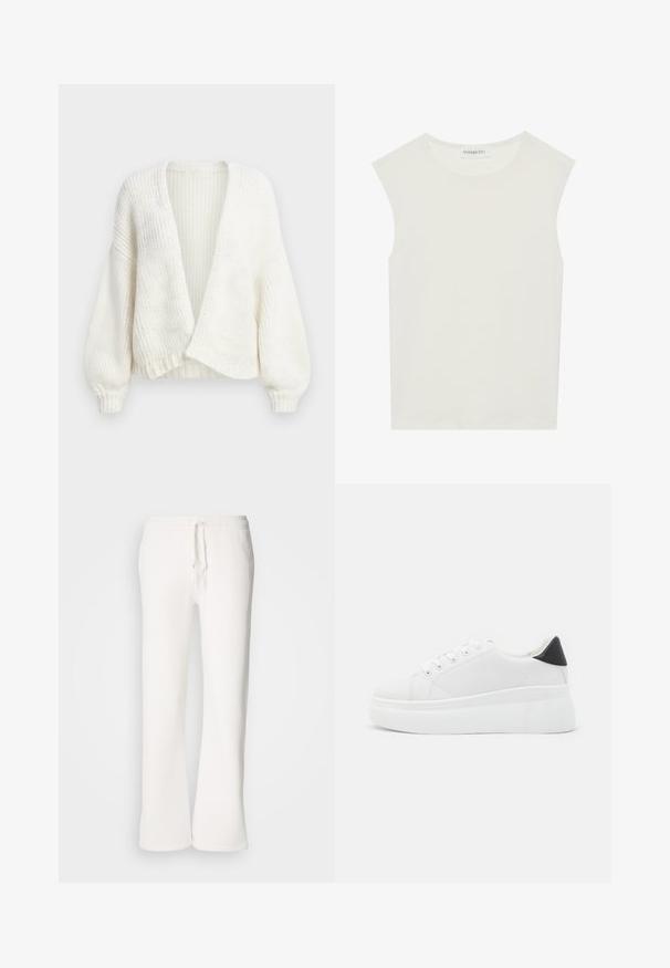 Cardigan bianco in maglia a coste con apertura frontale, spalle scese e maniche lunghe a palloncino con polsini aderenti.; Top bianco senza maniche con scollatura rotonda. Realizzato in tessuto liscio, presenta una vestibilità rilassata e un design minimalista. Nessun motivo o accentuazione.; Pantaloni della tuta bianchi, a vestibilità ampia, realizzati in tessuto morbido, con vita elastica dotata di laccetto e design a gamba dritta.; Sneakers platform bianchi realizzati in materiale sintetico liscio, con punta arrotondata, design con lacci e suola in gomma texture. Accento nero nel tallone.