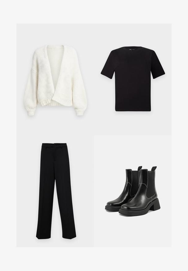 Valge soonikkoega kootud kardigan avatud esiosaga, langevate õlgade ja pikkade õhupallvarrukatega, mis on kitsendatud varrukaotsad.; Must olema lühikeste varrukatega must t-särk ümmarguse kaelusega, valmistatud pehmest puuvillast kangast. Lihtne disain, ilma nähtavate logode või mustriteta.; Musta laiad püksid siledast kangast, millel on klassikaline vöökoht, nööbiga sulgemine ja ees voldid.; Must musta Chelsea saapad, millel on paks konts, elastsed külgpaneelid ja kontrastne valge õmblus. Tekstuuriga viimistlus.