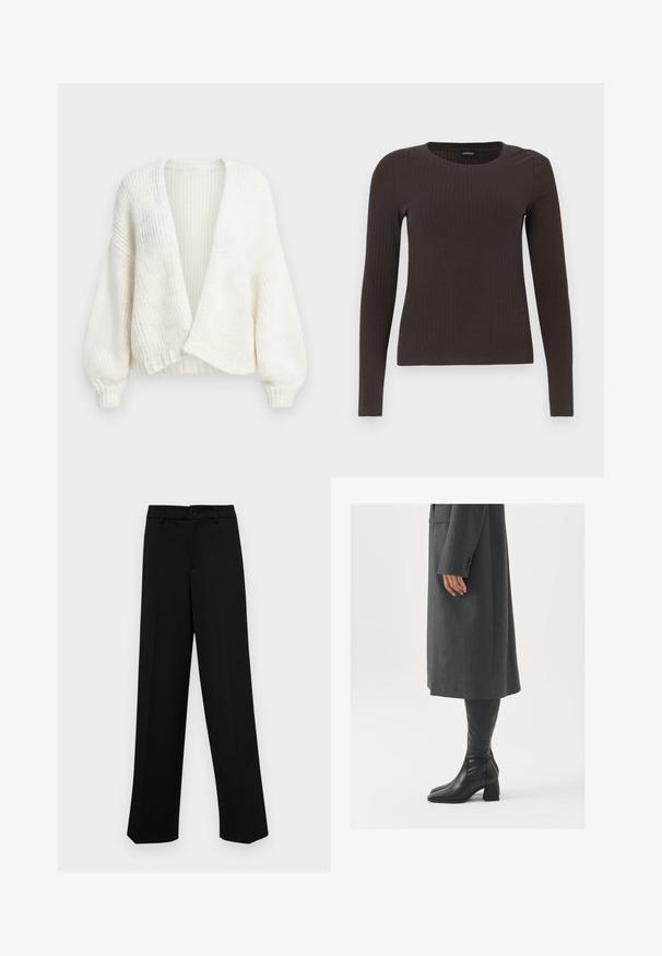 White ribbed knit cardigan with an open front, dropped shoulders, and long balloon sleeves with fitted cuffs.; Brown, long-sleeve ribbed top with a crew neckline. Made from a smooth, stretchy material, featuring a fitted silhouette and minimal detailing.; Black wide-leg trousers made of smooth fabric, featuring a classic waistband with a button closure and front pleats.; Gray, tailored overcoat with a straight cut; paired with knee-high black leather boots featuring a square toe and chunky heel.