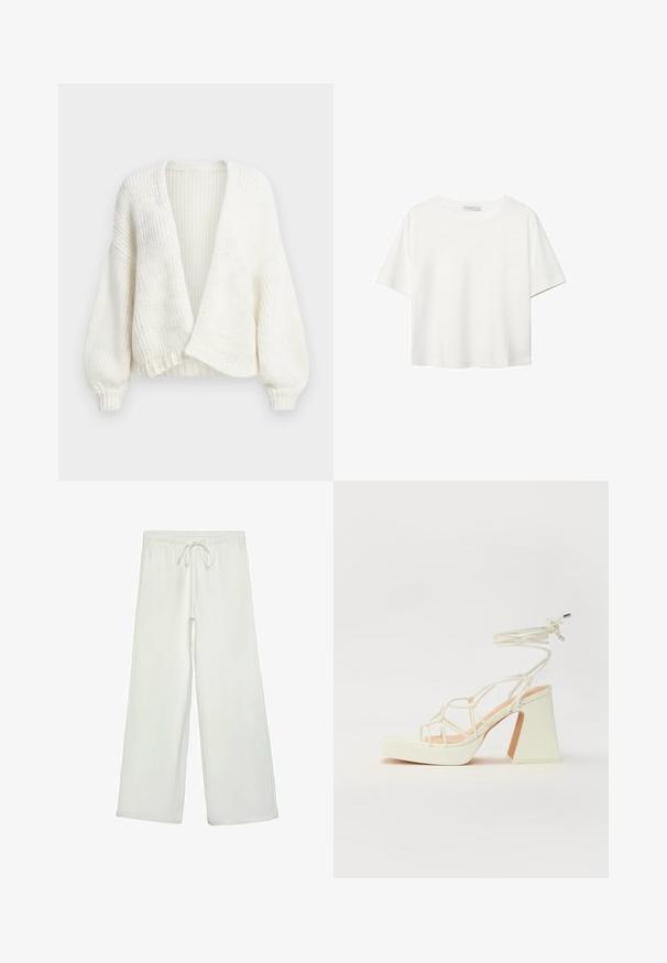 Cardigan bianco in maglia a coste con apertura frontale, spalle scese e maniche lunghe a palloncino con polsini aderenti.; T-shirt bianco a maniche corte realizzato in cotone. Presenta un collo tondo e una vestibilità rilassata. Texture liscia senza motivi o dettagli visibili.; Pantaloni bianchi a gamba larga realizzati in un tessuto morbido. Presentano un elastico in vita con cordino e una consistenza liscia. Senza motivi visibili o accessori.; Sandalo bianco con tacco alto, caratterizzato da un design a cinturini e un legaccio alla caviglia. Texture liscia con una piattaforma frontale per un'altezza aggiuntiva.