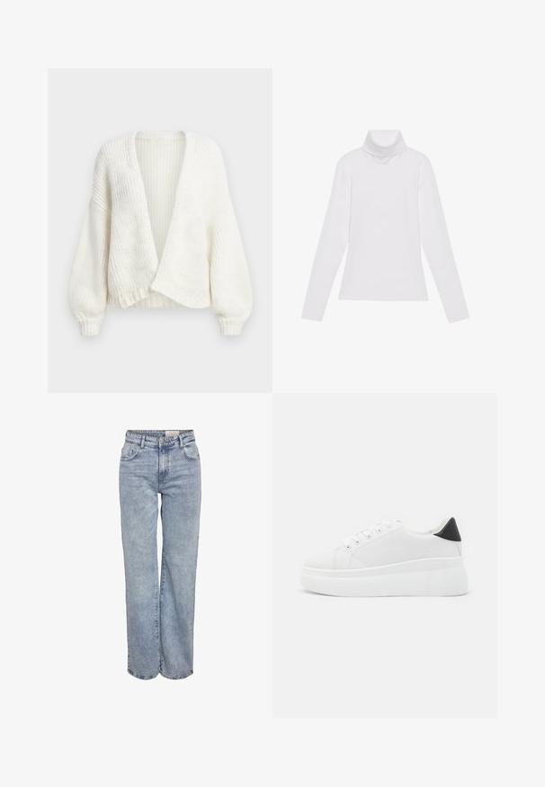 Witte geribbelde gebreide cardigan met een open voorkant, verlaagde schouders en lange ballonmouwen met aansluitende manchetten.; Witte lange mouw turtleneck top gemaakt van glad, elastisch materiaal. Voorzien van een hoge kraag en een getailleerd ontwerp, zonder zichtbare patronen of versieringen.; Lichtblauwe wijde jeans gemaakt van denim, met een hoge taille, vijf zakken en subtiele vervaging voor een versleten uitstraling.; Witte platform sneakers van glad synthetisch materiaal, met een afgeronde neus, vetersluiting en een gestructureerde rubberen zool. Zwarte hielaccent.