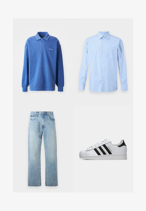Blue pullover sweatshirt with a zippered collar, long sleeves, ribbed cuffs, and a small logo on the chest. Made of soft, textured fabric.; Light blue and white striped long-sleeve button-up shirt with a single chest pocket. Simple, classic design on a neutral background.; Light blue denim jeans with wide straight legs, five-pocket design, and a belt looped waistband. Fabric shows a slightly faded texture.; White Adidas Superstar sneaker with black stripes, shell toe, and "Superstar" text on the side, shown in left profile on white background.