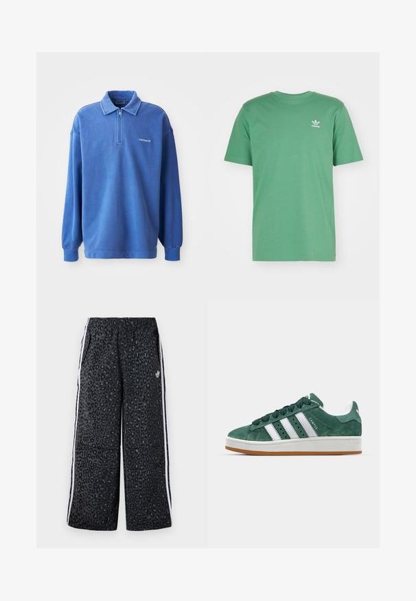 Plavi dukserica s patentnim zatvaračem na ovratniku, dugim rukavima, rebrastim manžetama i malim logotipom na prsima. Izrađena od mekanog, teksturiranog materijala.; adidas Originals TREFOIL ESSENTIALS - Majica kratkih rukava s printom - preloved green; adidas Originals GRAPHIC UNISEX - Donji dijelovi trenirke - black; Zelene nubuk tenisice s bijelim kožnim prugama, gumeni potplat, podstavljeni ovratnik i minimalistički dizajn. Ima oznaku branda sa strane.