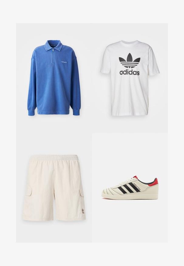 Blue pullover sweatshirt with a zippered collar, long sleeves, ribbed cuffs, and a small logo on the chest. Made of soft, textured fabric.; White cotton t-shirt featuring a black Adidas logo with a trefoil design and three stripes. Short sleeves, round neckline, and relaxed fit.; Beige cargo shorts with an elastic waistband, two side pockets, and a small logo on the lower right side. Smooth, lightweight fabric.; Cream leather sneakers with black stripes, red heel accents, and textured details. Features a rubber sole and lace-up closure.