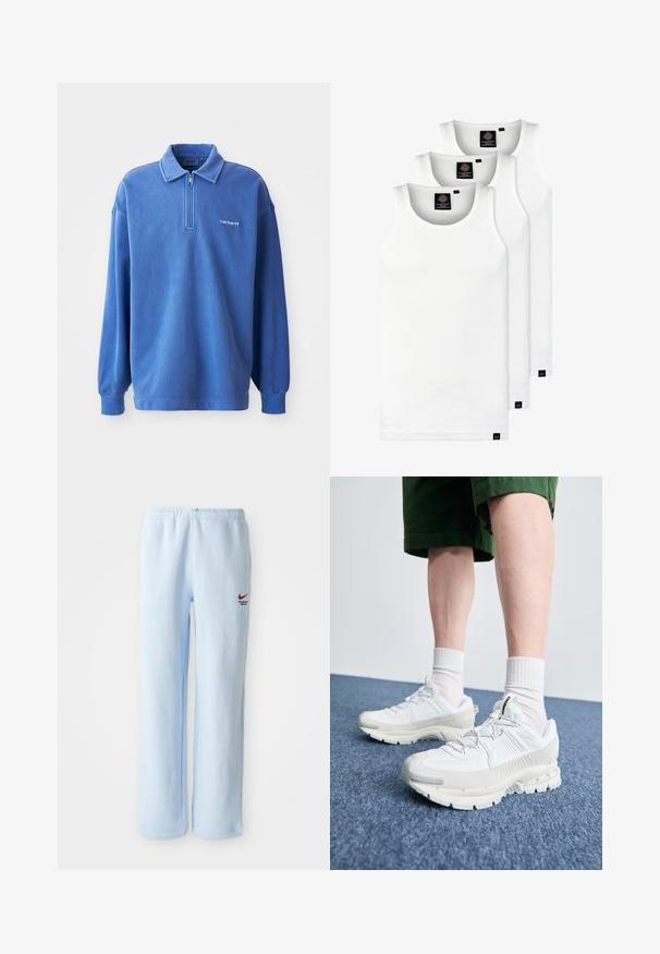Sinine kapuutsiga kootud sviiter, millel on lukuga krae, pikad varrukad, soonikkoes mansetid ja väike logo rinnal. Valmistatud pehmest, tekstuuriga kangast.; Kolm valget ribaga t-särki, mis on valmistatud puuvillast. Omavad ümmargust kaelanõhku ja väikseid musti silte hemme lähedal. Saadaval erinevates suurustes.; Heledad sinised dressipüksid elastse vaherindega, millel on väike punane Nike logo ja "Athletic Department" tekst. Pehme puuvillane materjal.; Valged sportsijalatsid tekstuursete pealsete, kopsaka tallaga ja hallide aktsentidega. Kanda valgete lühikeste sokkidega ja roheliste lühikeste pükstega sinisel pinnal.