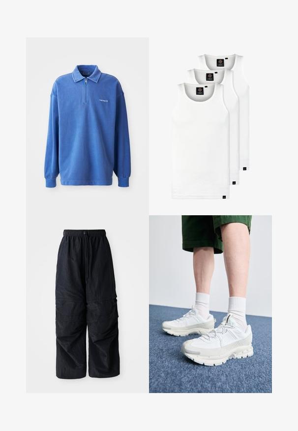 Bluză pulover albastră cu guler cu fermoar, mâneci lungi, cu manșete ribbed și un logo mic pe piept. Fabricată dintr-un material moale, texturat.; Trei maieuri albe ribbate din bumbac. Au un guler rotund și etichete negre mici lângă tiv. Disponibile în mai multe mărimi.; Pantaloni cargo negri, ușori, din nailon, cu talie elastică, șnur ajustabil și multiple buzunare stratificate pe picioare.; Pantofi sport albi cu suprapuneri texturate, talpă masivă și accente gri. Purtați cu șosete albe până la glezne și pantaloni scurți verzi pe o suprafață albastră.