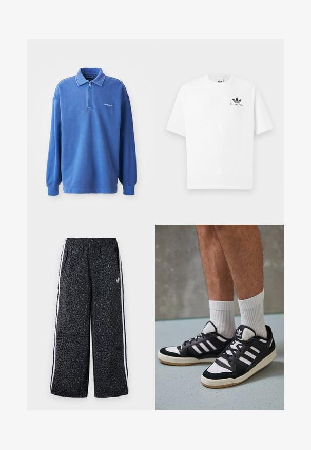 Modra pulover majica z zip ovratnikom, dolgimi rokavi, rebrastimi manšeti in majhnim logotipom na prsih. Narejena iz mehkega, teksturiranega materiala.; Bela bombažna majica s kratkimi rokavi, ki na sprednji strani vsebuje črn logotip "BASKETBALL" in ikoničen dizajn treh črt.; adidas Originals GRAPHIC UNISEX - Spodnji deli trenirk - black; Črno-bele superge z zgornjim delom iz usnja in nubuka, ki imajo tri bele črte, perforiran vrh prstov in podplat iz gume.