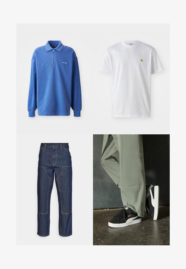 Mėlynas megztinis su užtrauktuku kaklo srityje, ilgomis rankovėmis, trikotažinėmis rankogaliais ir mažuoju logotipu ant krūtinės. Pagamintas iš minkštos, tekstūruotos medžiagos.; Balta medvilnės marškinėliai su trumpomis rankovėmis, apvalia iškirpte, kuriuose kairėje krūtinės pusėje yra mažas auksinis logotipas. Minkšta tekstūra ir reguliari forma.; Tamsiai mėlynos džinsinės kelnes su aukštu liemeniu, tiesaus kirpimo dizainu, kontrastinėmis siūlėmis ir kišenėmis priekyje.; Juodi suede sportbačiai su baltais guminiais padais ir šoninėmis juostelėmis, derinami su šviesiai žaliais kargo kelnais, stovintys ant tekstūruoto tamsaus paviršiaus.