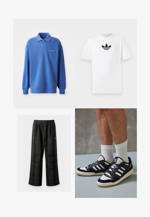 Modra pulover majica z zip ovratnikom, dolgimi rokavi, rebrastimi manšeti in majhnim logotipom na prsih. Narejena iz mehkega, teksturiranega materiala.; Bela bombažna majica s črnim logojem Adidas na sredini. Kratki rokavi in oblikovanje z okrog lim. Gladka tekstura.; Črne karirane hlače z elastičnim pasom, dvema sprednjima žepoma in ohlapnim krojem s pravimi nogavicami. Narejene so iz lahke tkanine.; Črno-bele superge z zgornjim delom iz usnja in nubuka, ki imajo tri bele črte, perforiran vrh prstov in podplat iz gume.