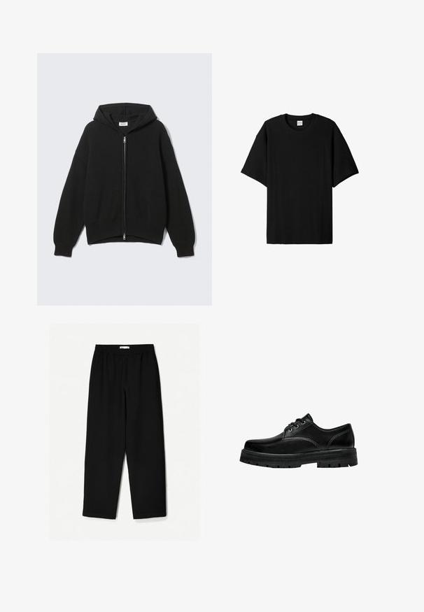 Black knitted hooded zip-up sweatshirt with ribbed texture, wide sleeves, and a relaxed fit. Features a silver zipper and soft lining.; Black ribbed short-sleeve t-shirt with a round neck, featuring a relaxed fit and textured surface. Simple design; no graphics or accents.; Black, wide-leg pants made from a lightweight fabric. Features an elastic waistband and a smooth texture. No visible patterns or hardware.; Black leather lace-up shoe with a rounded toe, textured finish, and thick rubber outsole featuring deep tread for grip.