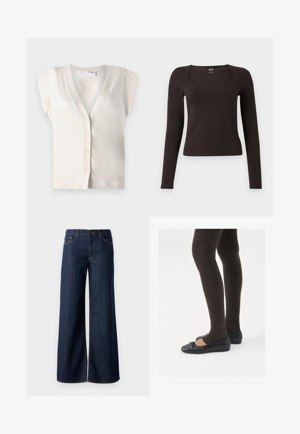 Selected Femme SLFIRA CARDIGAN - Cardigan - birch; Black long-sleeve, fitted top with a square neckline, labeled GAP, displayed on a white background.; Wide-leg jeans in dark blue denim. Features contrast stitching, five pockets, and a button closure at the waist. Smooth texture.; Black flat shoes with a small bow detail at the toe, paired with dark brown ribbed tights. Shoes have a smooth texture and low profile.