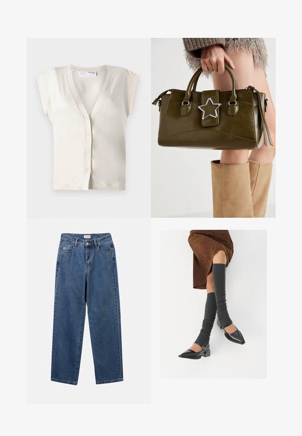 Selected Femme SLFIRA CARDIGAN - Cardigan - birch; Crop top in off-white knit material. Long sleeves with ribbed texture and small cut-out details around the neckline.; Classic blue denim jeans with a straight-leg design, five pockets, and a button closure. Features a medium wash and sturdy texture.; Black patent leather pointed-toe shoes with a block heel and ankle strap, paired with gray ribbed leg warmers and a brown suede skirt.; Olive green faux leather handbag with silver star accent, dual handles, and a zip closure. Textured surface and structured shape.