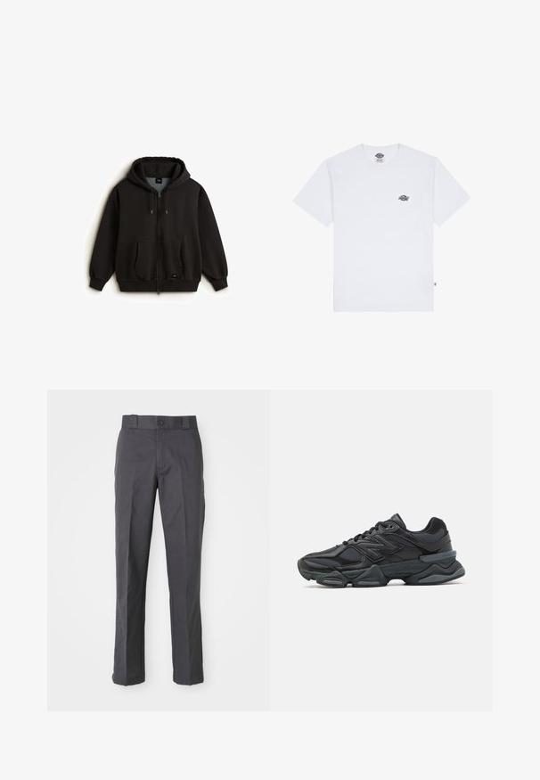 Zwarte rits hoodie gemaakt van zacht materiaal, met een zak aan de voorkant, een trekkoordkap en geribbelde manchetten. Logo-patch aan de linksonderkant.; Witte katoenen t-shirt met korte mouwen, met een klein zwart logo op de borst en een label in de linkerbenedenhoek.; Donkergrijze broek van een katoenmix, met een recht model, voorzakken en een knoopsluiting in de taille.; Zwarte hardloopschoen met een mix van mesh en synthetische materialen, een stevige zool, gebogen ontwerp en prominente branding op de zijkant.
