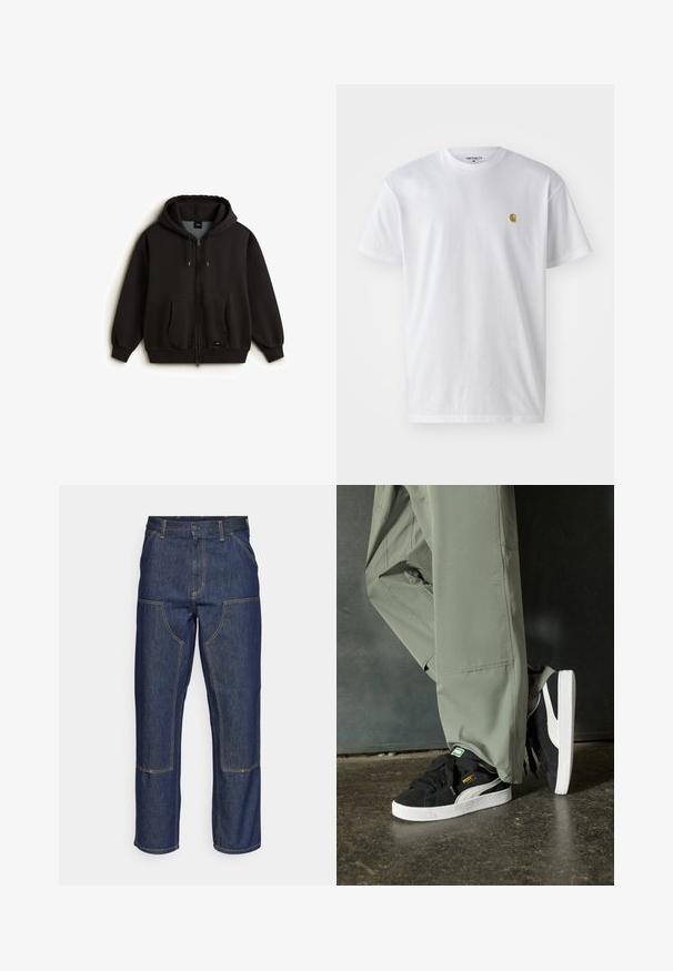 Schwarze Zip-Hoodie aus weichem Stoff mit einer Vorderstasche, Kapuze mit Kordelzug und gerippten Bündchen. Logo-Patch auf der unteren linken Seite.; Weißes Baumwoll-T-Shirt mit kurzen Ärmeln, Rundhalsausschnitt, mit einem kleinen goldenen Logo im linken Brustbereich. Weicher Stoff und normale Passform.; Dunkelblaue Jeans aus Denim mit hoher Taille, geradem Bein-Design, kontrastierenden Nähten und aufgesetzten Taschen auf der Vorderseite.; Schwarze Wildleder-Sneaker mit weißen Gummisohlen und seitlichen Streifen, kombiniert mit hellgrünen Cargo-Hosen, stehen auf einer strukturierten dunklen Oberfläche.