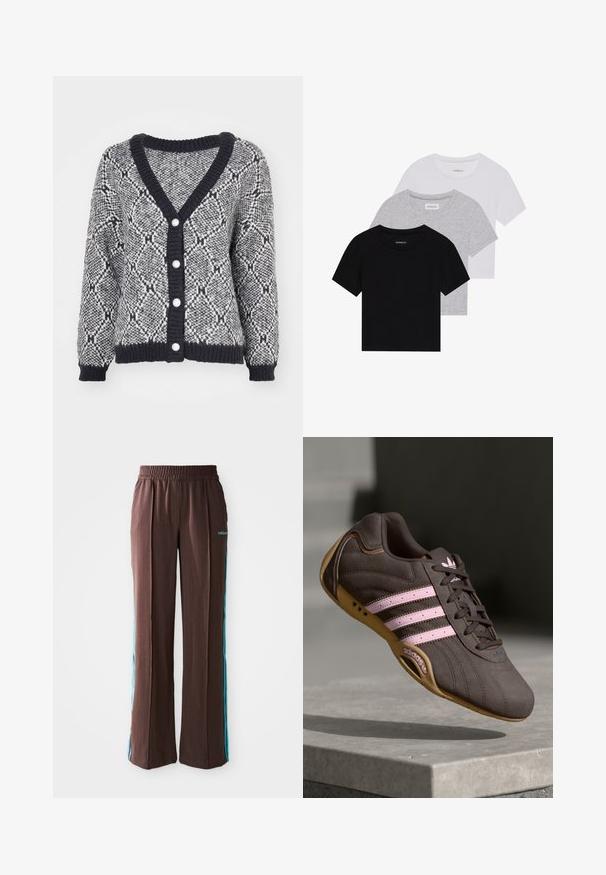 Grey and black patterned cardigan with a V-neck, ribbed cuffs, and five decorative buttons down the front. Chunky knit texture.; Set of three short-sleeve t-shirts in black, gray, and white. Made from cotton, featuring a crew neck and a simple, solid color design.; Brown athletic pants with a ribbed texture, elastic waistband, and turquoise side stripes. Features the adidas logo on the front.; Brown suede athletic shoe with pink stripes and logo, featuring a textured upper, lace closure, and a gum rubber sole.