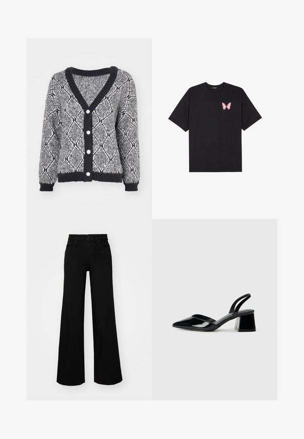 Grau und schwarz gemusterter Cardigan mit V-Ausschnitt, gerippten Bündchen und fünf dekorativen Knöpfen auf der Vorderseite. Grobstrick-Textur.; Schwarzes Baumwoll-T-Shirt mit kurzen Ärmeln, das ein kleines pinkes Schmetterlingsmotiv auf der linken Brust zeigt. Crewneck-Design mit einem entspannten Schnitt.; Schwarze weit geschnittene Hose aus Denim, mit einem strukturierten Bund, Gürtelschlaufen und Fronttaschen. Glatte Textur mit klassischem Design.; Schwarze Lackleder-Slingback-High Heels mit spitzem Schuh und einem geometrischen Blockabsatz. Verfügt über ein schlankes, minimalistisches Design und eine glatte Textur.