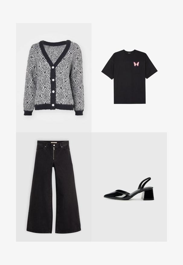 Šedý a černý vzorovaný svetr s výstřihem do V, žebrovanými manžetami a pěti dekorativními knoflíky vpředu. Silná pletenina.; Černé bavlněné tričko s krátkým rukávem, na levém prsou s malou grafikou růžové motýlky. Design s kruhovým výstřihem a volným střihem.; Džíny s širokými nohavicemi v černém denimovém provedení se zipem vpředu, pěti kapsami a jemnými švy. Hladká textura a ležérní styl.; Černé lakované kožené lodičky na pásku s špičatou špičkou a geometrickým blokovým podpatkem. Vyznačují se elegantním, minimalistickým designem a hladkým povrchem.