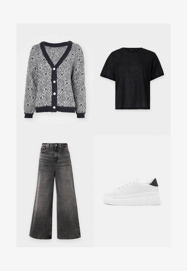 Cardigan cu un model gri și negru, cu decolteu în V, manșete cu fante și cinci nasturi decorativi pe față. Textură groasă de tricot.; Tricou negru cu mânecă scurtă, cu o croială lejeră, având o textură netedă și un decolteu rotund. Material ușor cu un luciu subtil.; Jeans negre cu croială largă din denim, cu un aspect decolorat, design cu cinci buzunare și închidere cu nasture la talie, având accente cusute.; Adidași albi cu platformă, fabricați din material sintetic neted, cu vârf rotund, design cu șireturi și talpă din cauciuc texturat. Accente negre la călcâi.