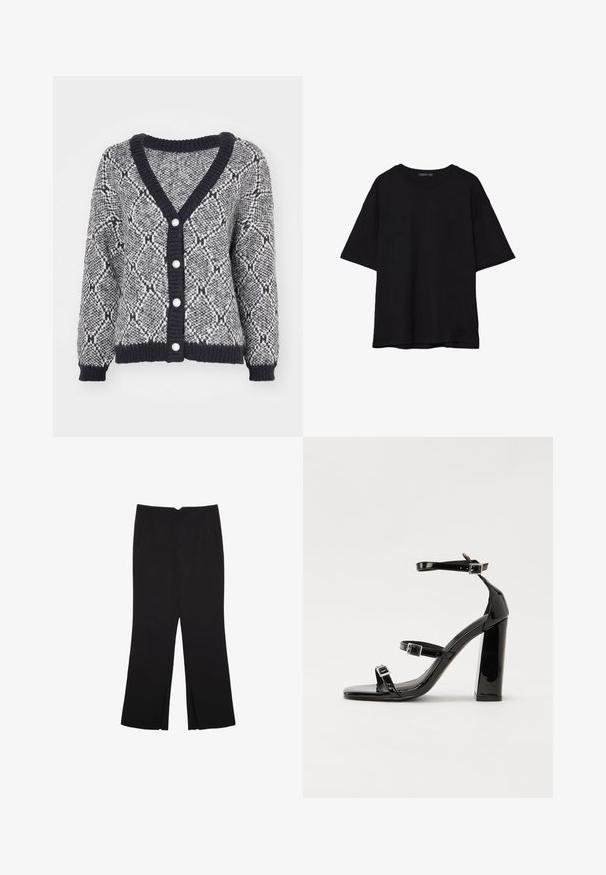 Szary i czarny kardigan w wzory, z dekoltem w serek, prążkowanymi mankietami i pięcioma dekoracyjnymi guzikami z przodu. Gruba dzianina.; Czarna bawełniana koszulka z luźnym krojem, krótkimi rękawami, okrągłym dekoltem i gładką fakturą. Bez widocznych wzorów ani akcentów.; Czarne spodnie o prostym kroju, z przednimi kieszeniami i bocznymi rozcięciami na dole. Wykonane z miękkiego, gładkiego materiału. Odpowiednie na różne okazje.; Czarne lakierowane sandały na obcasie z kwadratowym noskiem, z paskami wokół kostki i srebrnymi klamrami. Posiadają masywny słupek dla stabilności.