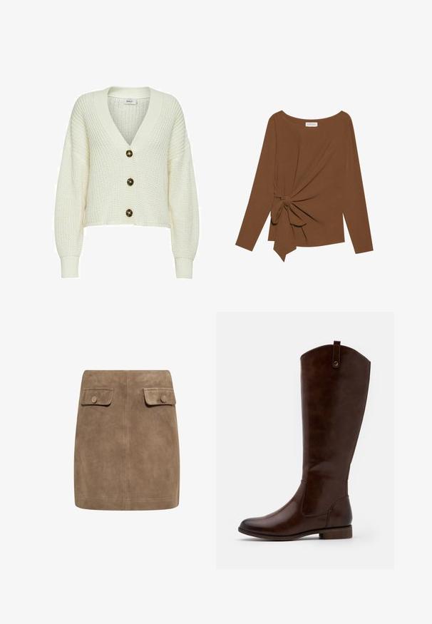 Kreemikas värviga kootud kardigan sügava V-kaelusega, millel on kolm suurt tumedat nööpi ja soonikservad. Lühendatud disain tekstuurse kangaga.; Pruuni pikad varrukad ja laia kaelusega topp, millel on ühe külje sõlmekaunistus, valmistatud pehmest ja tekstuuriga kangast.; Pruun nubuk mini seelik sujuva tekstuuriga, millel on kaks esimest klapikotti ja nupuväravad igal küljel. Lihtne, sirge disain.; Prunadest kõrge kontsaga saapad, mis on valmistatud siledast nahast, ümarate varvastega, madala tindikontsaga ja peene õmblusmustriga külgedel.