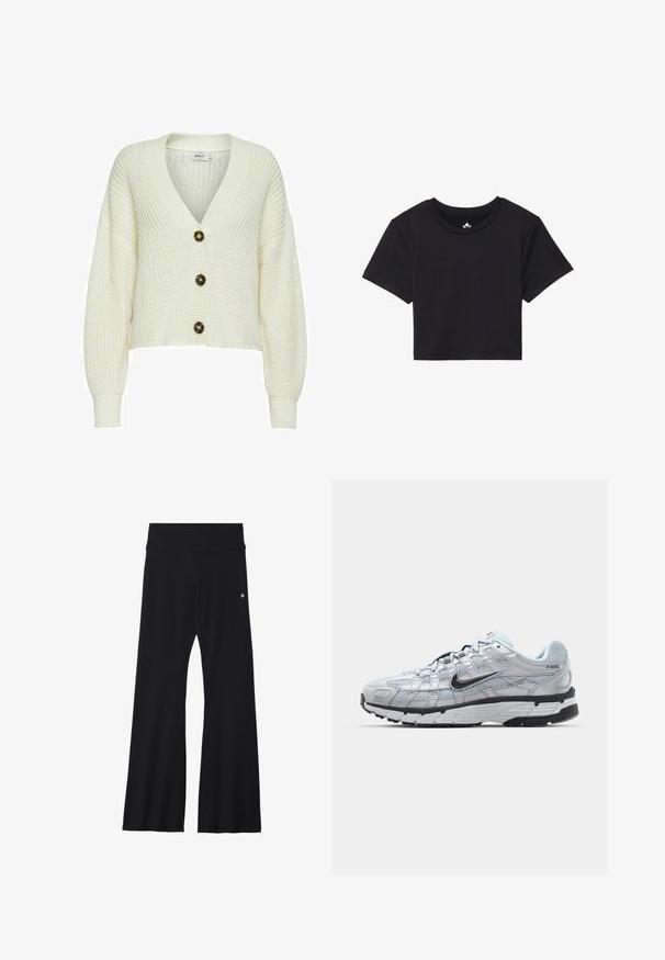 Cardigan lavorato a maglia di colore crema con scollatura a V profonda, dotato di tre grandi bottoni scuri e polsini a coste. Design corto con tessuto testurizzato.; T-shirt nera cropped con maniche corte, scollo rotondo, realizzata in tessuto liscio. Design minimalista senza motivi o accenti visibili.; Pantaloni yoga neri a campana in tessuto elasticizzato, con una cintura ampia e un piccolo logo vicino all'anca. Texture liscia, senza motivi.; Sneakers Nike P-6000 con una toma superiore in mesh grigio chiaro, accenti neri e una resistente suola in gomma nera. Dotati di un design intricato e di un sistema di allacciatura.