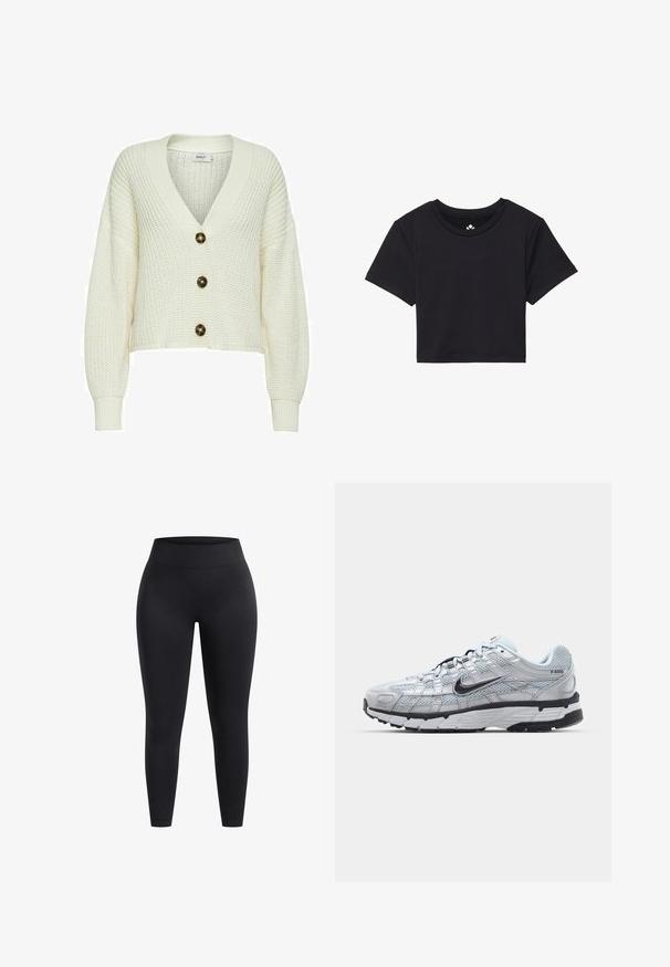Cárdigan de punto color crema con un profundo escote en V, que presenta tres grandes botones oscuros y puños acanalados. Diseño corto con tejido texturizado.; Camiseta corta negra con mangas cortas, escote redondo, hecha de una tela suave. Diseño minimalista sin patrones o acentos visibles.; Leggings negros de talle alto, fabricados con un tejido elástico, que presentan una superficie lisa y un ajuste hasta el tobillo. Sin patrones ni detalles de hardware visibles.; Zapatillas Nike P-6000 con parte superior de malla gris claro, acentos negros y suela de goma negra duradera. Presentan un diseño intrincado y un sistema de cordones.