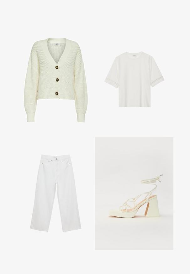 Pletena jopica v kremni barvi z globokim V-izrezom, opremljena s tremi velikimi temnimi gumbi in rebrastimi manšetami. Kratka zasnova z teksturirano tkanino.; Bela kratka majica s kratkimi rokavi iz bombaža, okrašena z dekorativnim čipkastim robom ob rokavih in okroglo izrezom.; Bele široke hlače iz denima, visoke pasu, z petimi žepi in kovinskimi dodatki. Gladek tekstur, brez vidnih vzorcev.; Bela sandala na visokih petah s debelim petam, ki ima obliko trakcev in vezanje okoli gležnja. Gladka tekstura z platformo spredaj za dodatno višino.