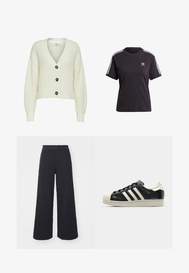 Cream-colored knitted cardigan with a deep V-neck, featuring three large dark buttons and ribbed cuffs. Crop design with textured fabric.; Black cotton short-sleeve t-shirt with round neck, featuring white stripes on shoulders and a small white Adidas logo on the chest.; Black wide-leg sweatpants made from soft fabric, featuring an elastic waistband and a small logo on the left side.; Black leather sneaker with white stripes, rubber toe cap, black laces, and a cream-colored outsole. Smooth texture with shiny finish.
