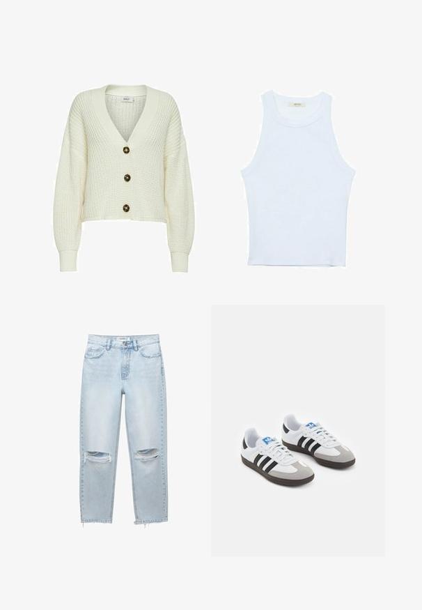 Krémový pletený cardigan s hlubokým výstřihem do V, který má tři velké tmavé knoflíky a žebrované manžety. Krátký střih s texturovanou tkaninou.; Bílý top bez rukávů, žebrovaná textura, kulatý výstřih, obtáhnutý střih, decentní značka na štítku uvnitř oblasti límce.; Světle modré roztrhané džíny s uvolněným střihem, vybavené dvěma desginerovými dírami na kolenou a nezačištěným lemováním na spodní části. Denimový materiál, pět kapes.; Sportovní boty s bílým koženým svrškem, šedou semišovou špičkou a třemi černými pruhy. Obsahují modré logo na jazyku a texturovanou gumovou podrážku.
