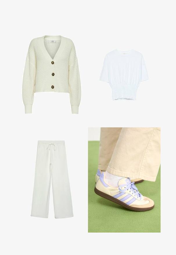 Cardigan lavorato a maglia di colore crema con scollatura a V profonda, dotato di tre grandi bottoni scuri e polsini a coste. Design corto con tessuto testurizzato.; T-shirt bianco a maniche corte con una vestibilità rilassata e una texture smock in vita. Realizzato in tessuto morbido e leggero.; Pantaloni bianchi a gamba larga realizzati in un tessuto morbido. Presentano un elastico in vita con cordino e una consistenza liscia. Senza motivi visibili o accessori.; Sneakers crema e lavanda con tre strisce e suola marrone texturizzata, dotati di lacci e tallone imbottito. Parte superiore in tessuto morbido.