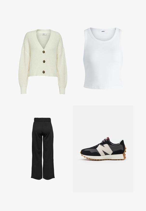 Krämfärgad, stickad cardigan med djup V-hals, prydd med tre stora mörka knappar och ribbade ärmslut. Kort modell med strukturerad tyg.; Vit ribbade linne med rund halsringning, ärmlös design och kort längd. Märket säger "JJXX." Slät tygkvalitet.; Svarta, vida byxor med elastisk midja, tillverkade av en mjuk tyg. Har en ren design utan fickor eller synliga sömdetaljer.; Svart och grå mocka sneaker med en stor krämfärgad "N"-logotyp, lila snören och en texturerad gummisula.