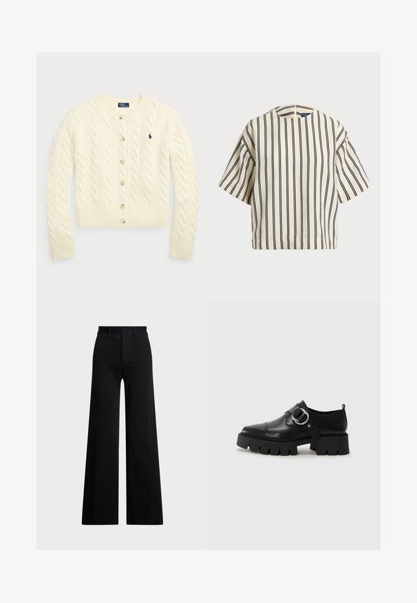 Polo Ralph Lauren CABLE-KNIT WOOL-CASHMERE CARDIGAN - Kardigán - authentic cream; Krátky rukáv, pruhovaný top v krémovej a námorníckej modrej farbe, s okrúhlym výstrihom a štvorcovým strihom z texturovanej tkaniny.; Čierne široké nohavice vyrobené z tkaniny, so vysokým pásom, predným zapínaním na gombík a bočnými vreckami. Hladká textura s čistými líniami.; Čierne kožené topánky s hrubou, rebrovanou podrážkou, vyznačujúce sa okrúhlou striebornou kovovou ozdobou a minimálnym prešívaním.