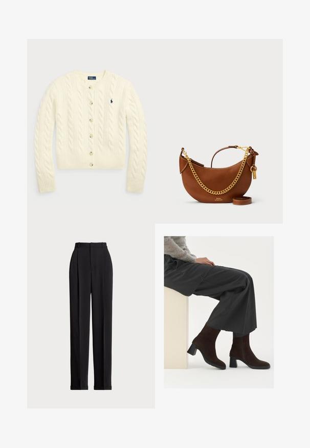 Polo Ralph Lauren CABLE-KNIT WOOL-CASHMERE CARDIGAN - Kardigan - authentic cream; Must musta t-särk lühikeste varrukatega, ümar kaelus ja väike valge logo alumisel vasakul küljel. Klassikaline, kastikujuline lõige minimaalsete detailidega.; Mustad kohandatud püksid kõrge vöökohtaga, ees plisseeritud, sirge sääre disainiga ja mansetiga hem. Valmistatud sileda kangaga.; Pruun nahast ankle-kingad, millel on plokknina ja külgmine lukku, koos vabade hallide pükste ja heledat värvi postamendi vastu istumisega.; Pruun nahast käekott kaarjate joontega, kullast ketirihm, sisemine tasku ja eemaldatav õlarihm. Omab kontrastset õmblust.