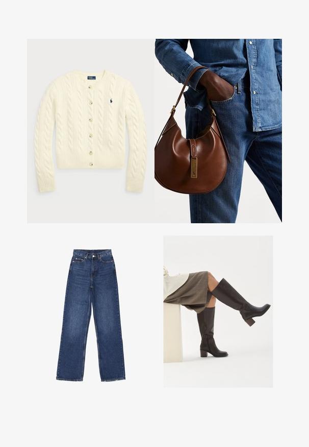 Polo Ralph Lauren CABLE-KNIT WOOL-CASHMERE CARDIGAN - Chaqueta de punto - authentic cream; Dos tops sin mangas de canalé y cuello alto en marrón y negro, exhibidos sobre un fondo blanco liso.; Jeans de mezclilla azul de pierna ancha con una cintura alta, que presentan un cierre de botón, cinco bolsillos y un leve desgastado en la tela.; Botas de cuero marrón hasta la rodilla con puntera cuadrada, tacón grueso y cremallera lateral. Textura suave con un acabado pulido.; Bolso hobo de cuero marrón con forma redondeada, que cuenta con un acento de hardware dorado y costuras en contraste. Combinado con una camisa de mezclilla y vaqueros.