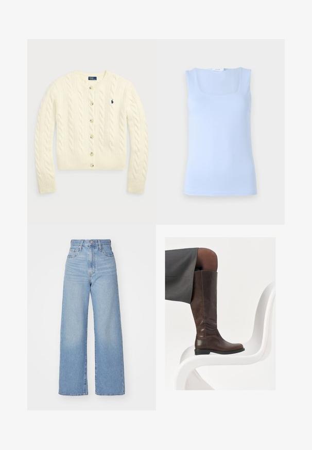Polo Ralph Lauren CABLE-KNIT WOOL-CASHMERE CARDIGAN - Kardiganas - authentic cream; Šviesiai mėlyna be rankovių palaidinė su kvadratiniu iškirpimu, pagaminta iš lygaus audinio, turinti prigludusį siluetą ir minimalistinį dizainą.; Šviesiai mėlynos aukšto liemens plačios kojos džinsai su priekiniais užtrauktukais ir sagom, priekinėmis ir galinėmis kišenėmis, ant baltos fono.; Rudos odinės iki kelių botai su apvalia nosimi, lygiu paviršiumi ir minimaliais siuvinėjimais, laikomi prieš šviesų foną ant baltos kėdės.