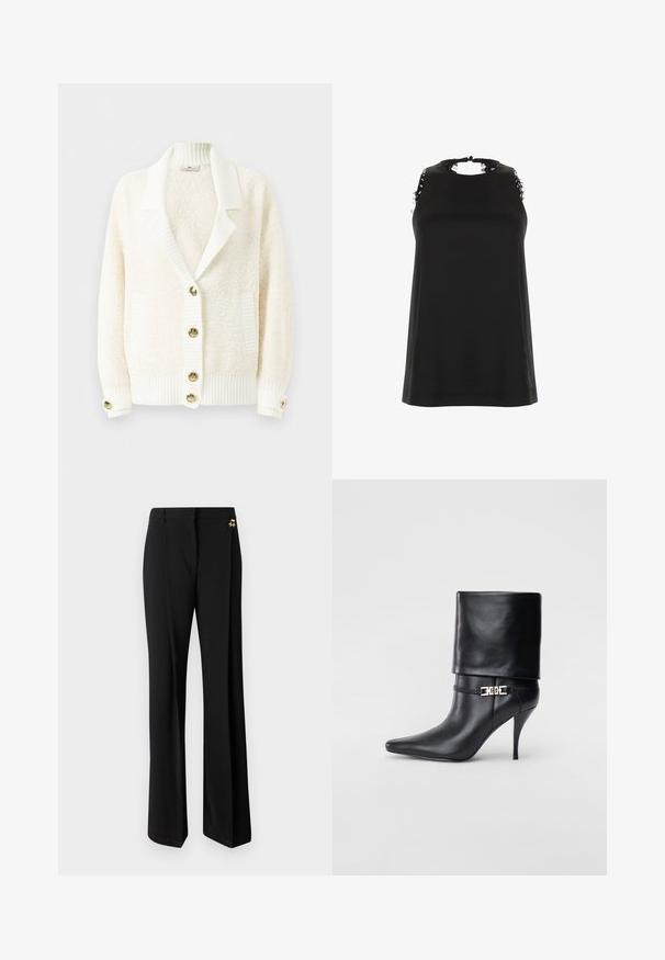 Cardigan texturat crem cu guler tip șal cu nervuri, manșete și tiv cu nervuri, două buzunare frontale și nasturi cu ton de aur pe față și pe manșete.; Top negru fără mâneci, cu un guler înalt, având accente de dantelă desfăcută pe umeri și o textură netedă, moale.; Pantaloni negri cu picioare largi, realizati dintr-un material neted, cu un design croit si accente din aur pe talie.; Botine negre din piele, cu vârf ascuțit, toc înalt și subțire, cu manșetă pliată și un detaliu decorativ cu cataramă aurie la gleznă.
