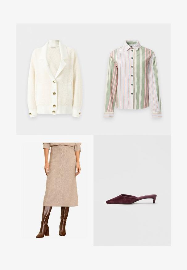 Tejattan struktúrájú krém színű kardigán, bordás sálgallérral, bordás mandzsettákkal és aljjal, két elülső zsebbel és aranyszínű gombokkal az elején és a mandzsettákon.; Csíkos gombos ing zöld, fehér és rózsaszín színekben. Gallérral, hosszú ujjakkal és ívelt aljjal rendelkezik, ellentétes díszítésű mandzsettákkal és gombokkal.; Egy nő bézs kötött pulóvert és hozzáillő midi szoknyát visel, amelyet divatos barna térdig érő csizmákkal párosítva, magabiztosan áll.; Burgundi színű, puha nubuk bőrből készült papucsok, hegyes orral, nyitott hátsó résszel és karcsú, alacsony sarkakkal a lendületes sziluettért.
