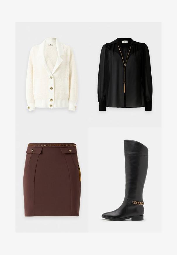 Kreemjas tekstuuris kardigan ribidega šaalikaela, ribidega varrukate ja äärega, kahte esipocketit ning kullatooniga nuppe ees ja varrukatel.; Mustmust pikkade varrukatega blusš, millel on lai krae ja kuldne ketinaistega kaelakee, millel on ees rippuv pitsi pendant.; Pruun vooderdatud mini seelik kuldse kettvööpiga, dekoratiivsete nööpidega klappide ja kuldsete karvade detailiga ühtlasel taustal.; Kõrged mustad nahast saapad, millel on stiilne disain, terav nina ja kuldne kett aktsent pahkluul. Madal plokk-konts. Sile tekstuur.