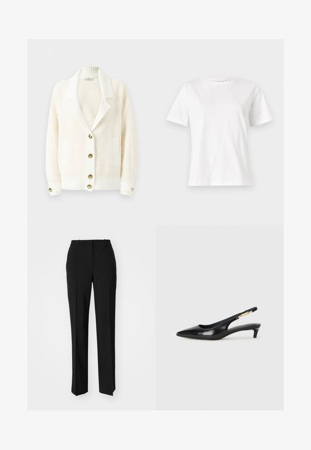 Kermainen tekokuituinen neuletakki, jossa on ribbineuletakki, ribbireunat ja -hihansuut, kaksi etutaskua sekä kultasävyiset napit edessä ja hihansuissa.; Valkoinen puuvillapaita lyhyillä hihoilla, pyöreällä kaula-aukolla ja rentolla istuvuudella. Sujuva rakenne, ei kuvioita tai yksityiskohtia, minimalistinen muotoilu.; Mustat räätälöidyt housut suoraa lahjetta, joissa on sileä pinta ja terävät taitteet edessä. Ei näkyvää metalliosaa.; Mustat nahkaiset slingback-korkokengät, joissa on terävä kärki, ohuet korot ja kultasävytteinen yksityiskohta säädettävässä hihnassa. Silkkinen pinta.