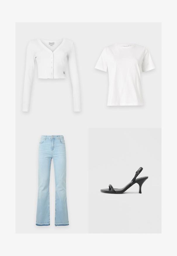 Bijela skraćena kardigan jakna s V-izrezom, dugim rukavima i šest dugmadi sprijeda. Ima malu oznaku branda na donjem lijevom dijelu.; Bijela pamučna majica s kratkim rukavima, okruglim izrezom i opuštenim krojem. Glatka tekstura, bez uzoraka ili akcenata, minimalistički dizajn.; Svijetloplave traperice s širim nogavicama, visokog struka, s prednjim džepovima i sirovim rubom na manžetama za ležeran izgled.; Crne kožne sandale na visoku petu s tankom, zakrivljenom petom i dizajnom prekriženih traka. Podesiva traka oko gležnja. Glatka tekstura.