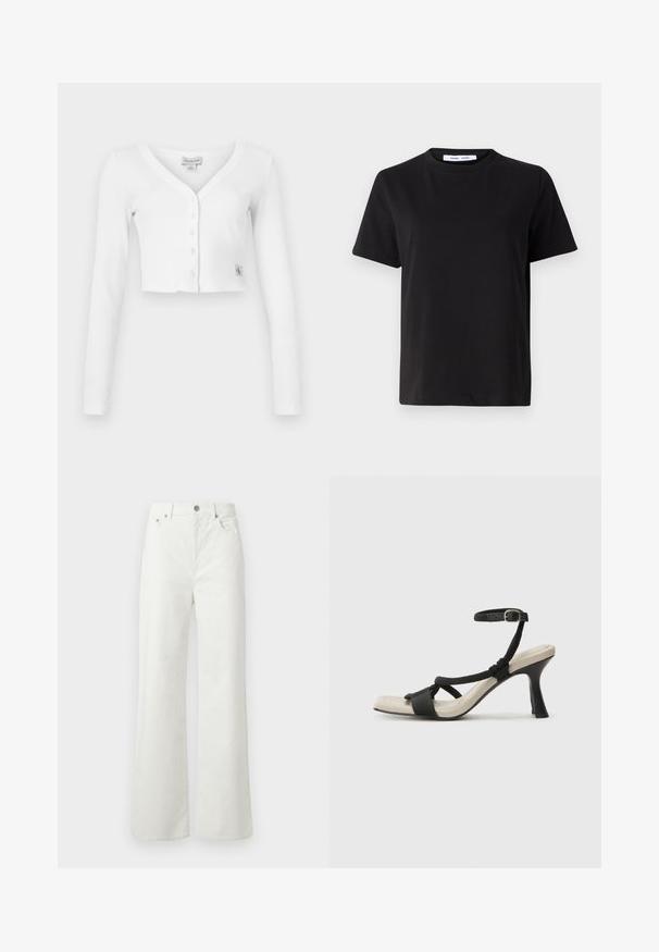 Baltas trumpas kardiganas su V formos kaklu, ilgomis rankovėmis ir šešiais mygtukais priekyje. Yra nedidelis prekės ženklo ženkliukas apačioje kairėje pusėje.; Juodas trumpas rankovės marškinėliai, pagaminti iš minkštos medvilnės, su apvaliu iškirpimu, laisvu pritaikymu ir lygiu paviršiumi. Nėra matomų raštų ar grafikos.; Samsøe Samsøe SHELLY - Laisvo kirpimo džinsai - clear cream; Juodų aukštakulnių sandalų su pintu dirželiu dizainas, kvadratine nosimi ir reguliuojamu kulkšnies dirželiu. Šviesiai bežė padas su blizgiu juodu kulnu.