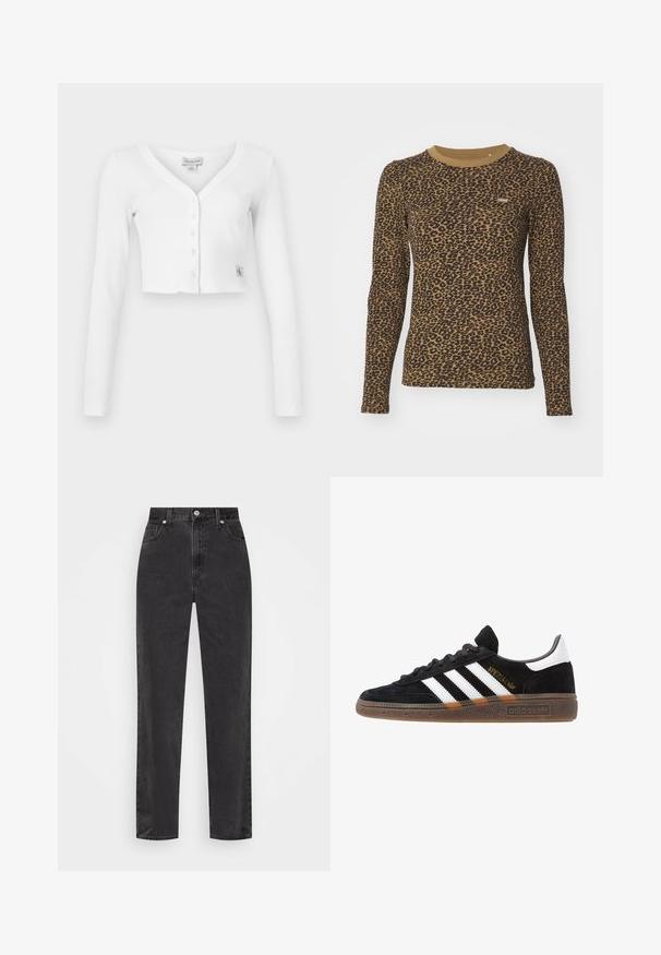 White cropped cardigan with a V-neck, long sleeves, and six buttons down the front. Features a small brand patch on the bottom left.; Brown long-sleeve t-shirt featuring a leopard print pattern, round neckline, and slight stretch. Small logo patch on the front.; Straight-leg black denim jeans with high waist, front button and zipper, and five-pocket styling on a white background.; Black Adidas sneaker with white stripes, gold "Spezial" text, gum sole, and white heel tab, shown in profile view.