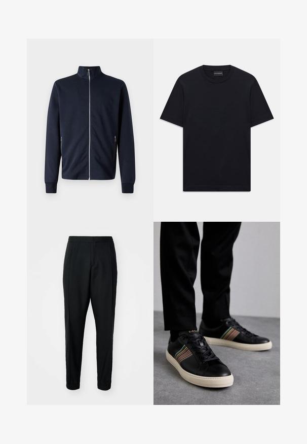 Tumedast meresinine lukuga jakk kõrge kraega, pikad varrukad, külgedel lukuga taskud ja ribakudumiga varrukate ääred, valmistatud siledast kangast.; Must ja lühikeste varrukatega T-särk ümaratest kaelusest, diskreetne reljeefne logo disain, mis on keskendatud rinnale, ja kaubamärgiga silt kaeluses.; Mustad mustad püksid sujuva tekstuuriga, elastse vöökoha ja mansettidega. Esiküljel on pleedid, mis annavad sellele vormitud välimuse.; Mustad nahast spordijalatsid mitmevärviliste triipudega aktsentide, ümmarguse nina, ja valgete kummist talladega, omades paeladese disaini ja volditud brändimist.