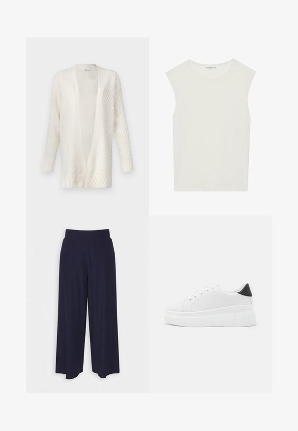 JDY JDYBIGUM mleczny; Biała bezrękawnik z okrągłym dekoltem. Wykonana z gładkiego materiału, ma luźny krój i minimalistyczny design. Bez wzorów ani akcentów.; Spodnie o szerokich nogawkach w ciemnonawiwowym materiale z rdzeniowym wzorem. Posiadają gładki pas i luźny krój, sięgający do połowy łydki.; Białe sneakersy na platformie wykonane z gładkiego materiału syntetycznego, z zaokrąglonym noskiem, sznurowanym zapięciem i teksturowaną gumową podeszwą. Czarne akcenty na pięcie.